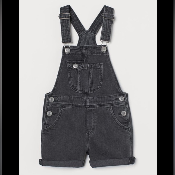 H&M Comfort Stretch Bib Overall Shorts Black Denim Girls 4T - Picture 1 of 4